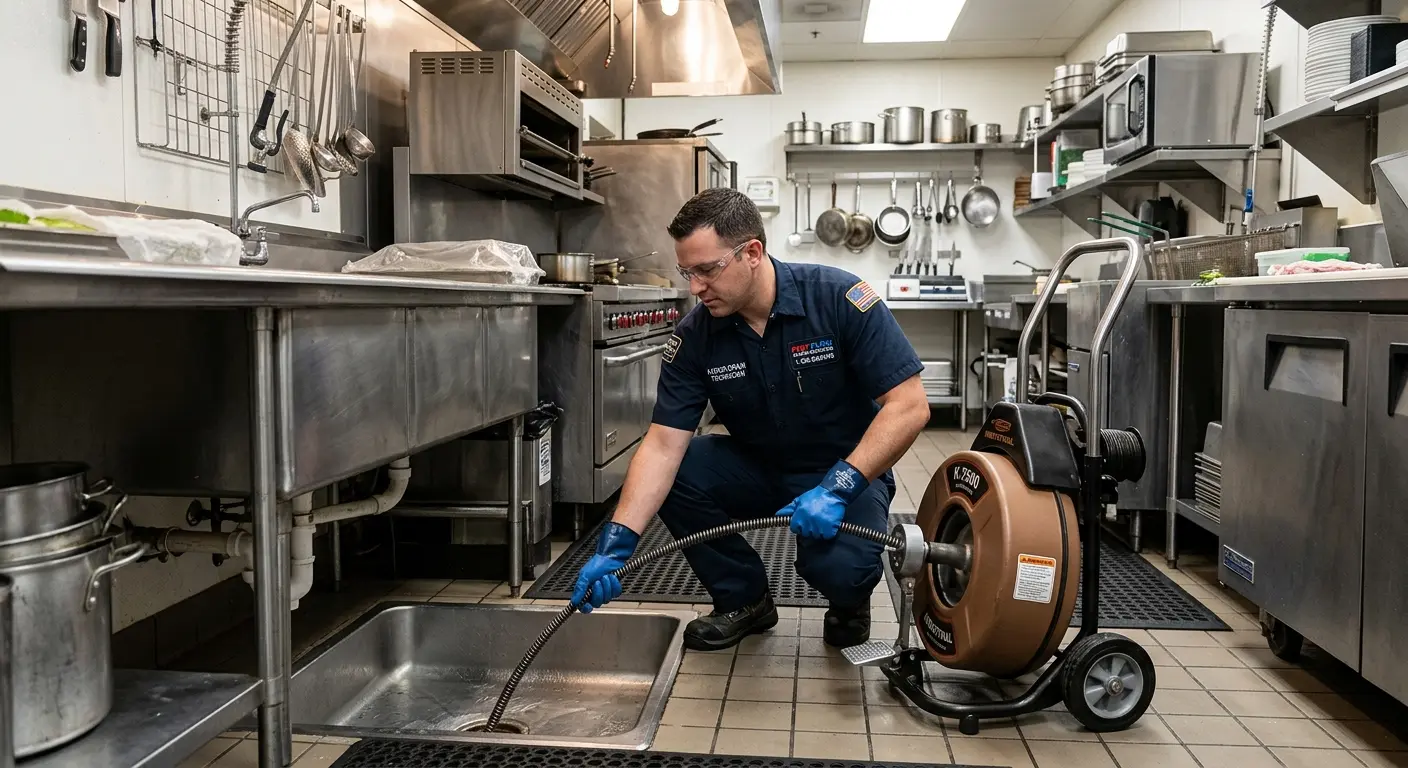 Commercial drain cleaning service in a restaurant kitchen in Mount Joy