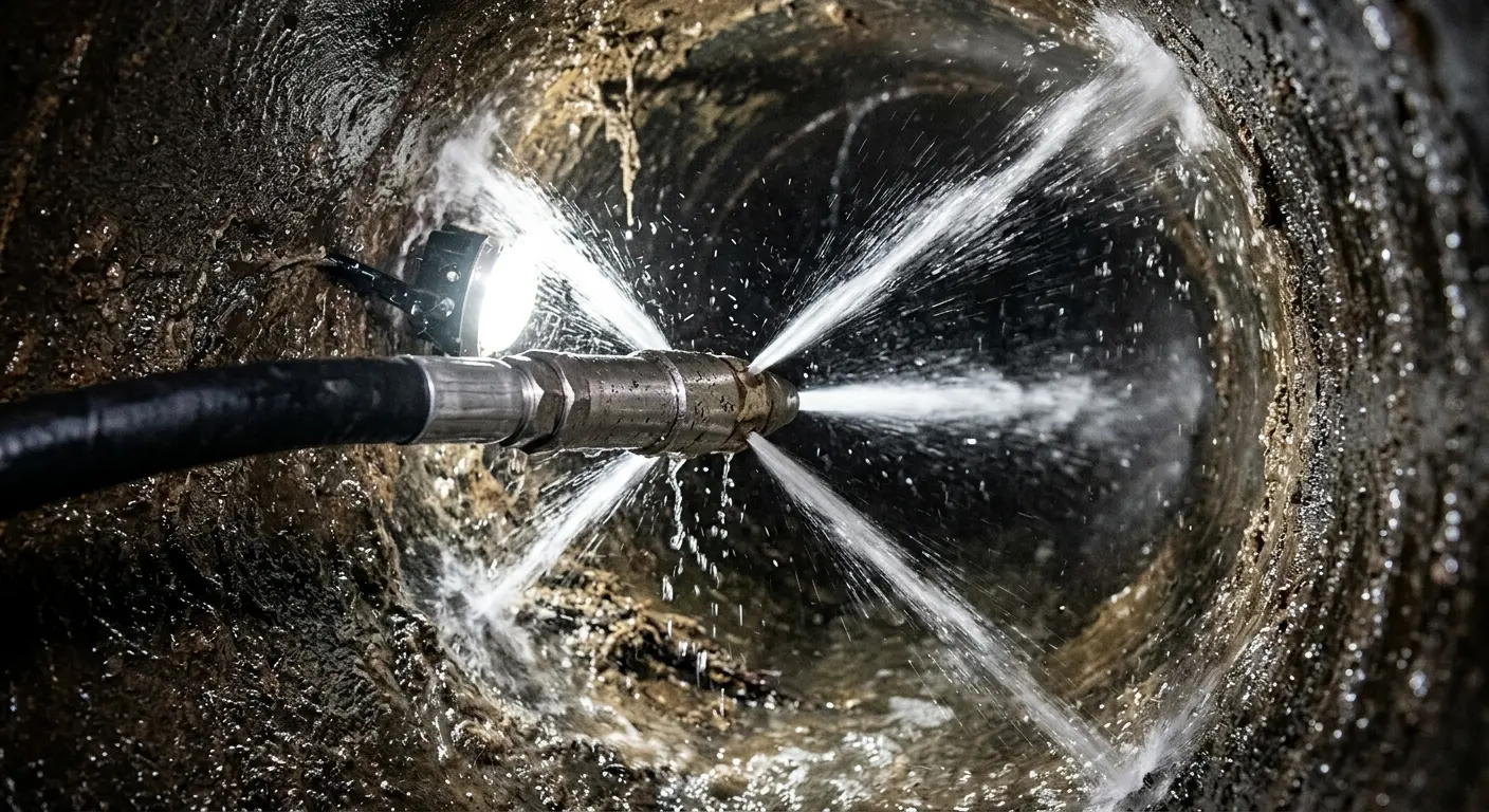 High-pressure hydro jetting nozzle cleaning sewer pipe for Emergency Drain Service in Mount Joy