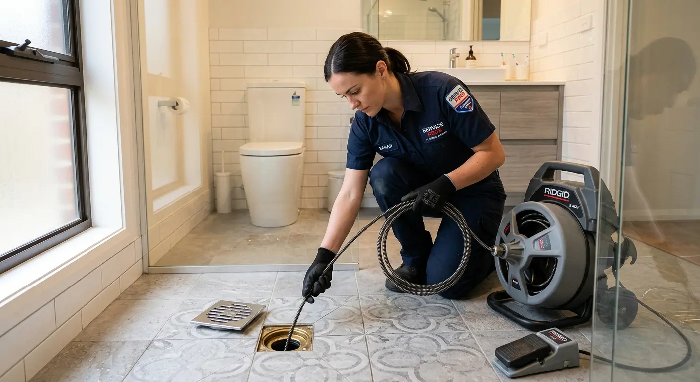 Technician clearing a bathroom floor drain for Drain Cleaning in Mount Joy